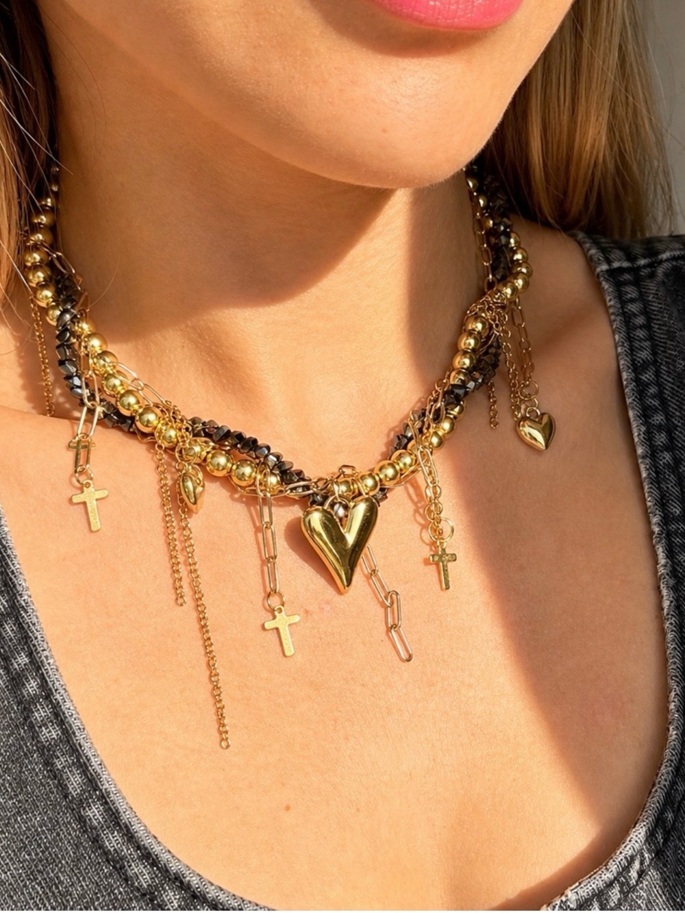 Handmade Gold Multi-Chain Heart & Cross Charm Necklace for Women
